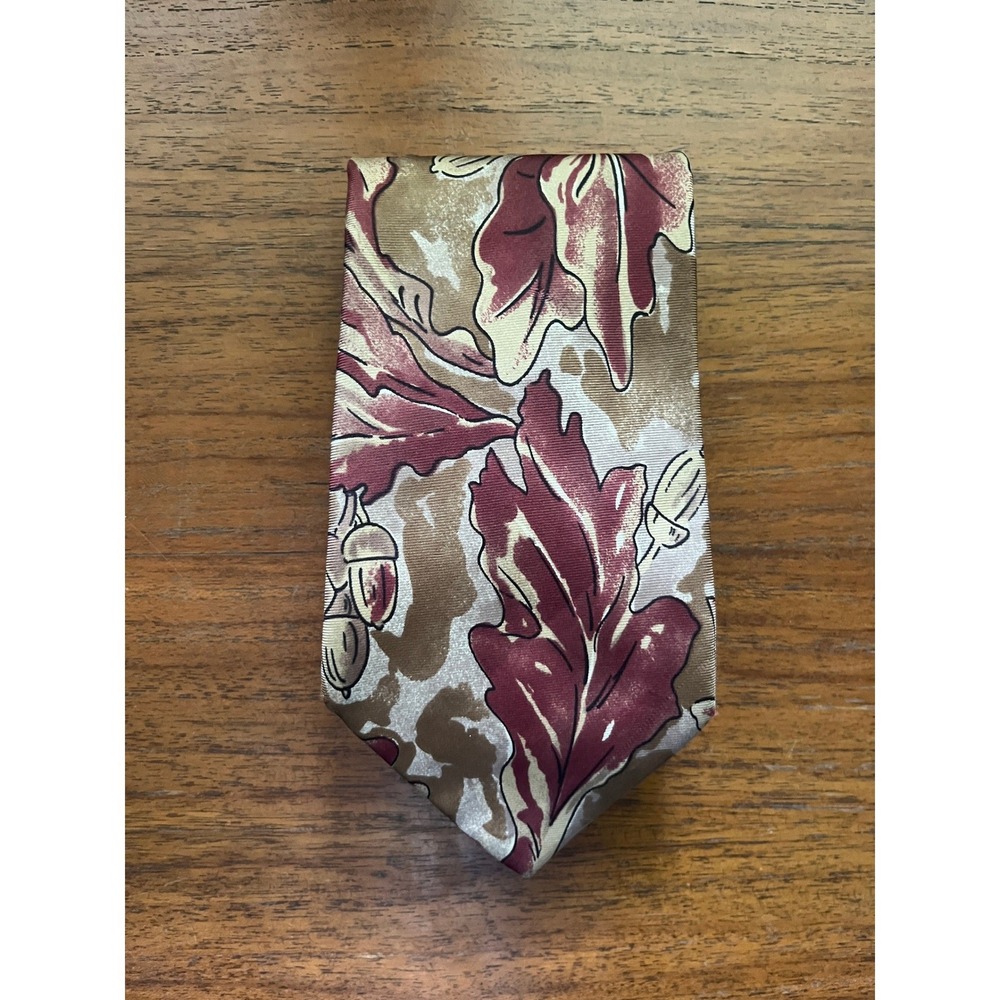 Christian Dior Monsieur Silk Tie Burgundy Tan Oak Leaf Acorn Print Vintage USA